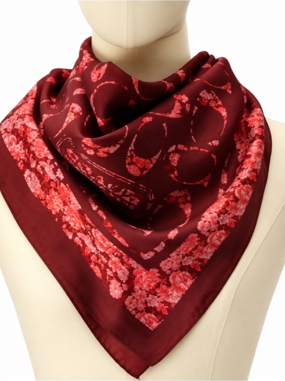 COACH Logo Rose Meadow Print Burgundy Floral Silk Scarf With “C” Print NEW $95